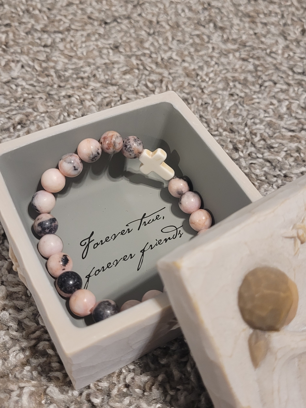 Willow Tree Beaded Cross Stretch Bracelet in Soft Pink and Black